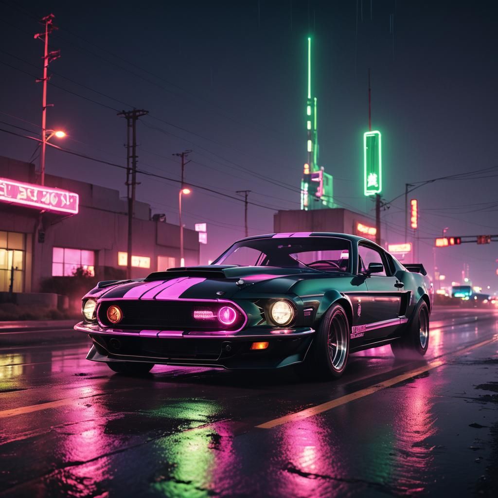 Neon Ford Shelby Races Down Synthwave Highway