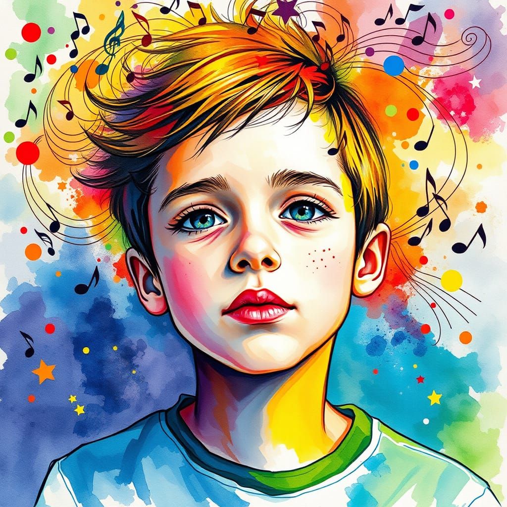Vibrant Watercolor Portrait of a Young Person with Autism, S...