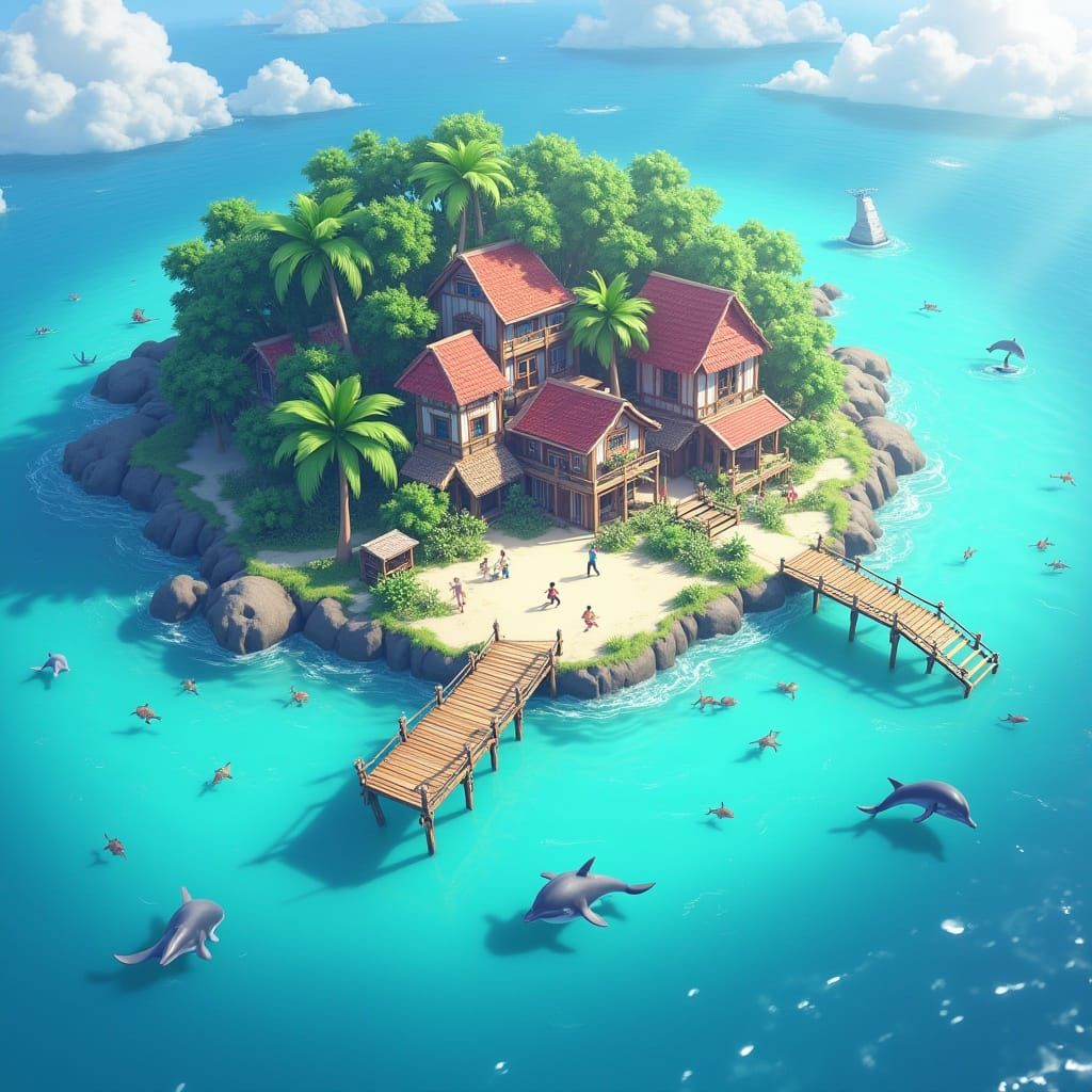 Lively Village on Stilts in 3D Anime Style