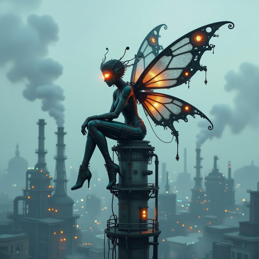 : A fairy made of twisted metal and sparking wires, with gea...