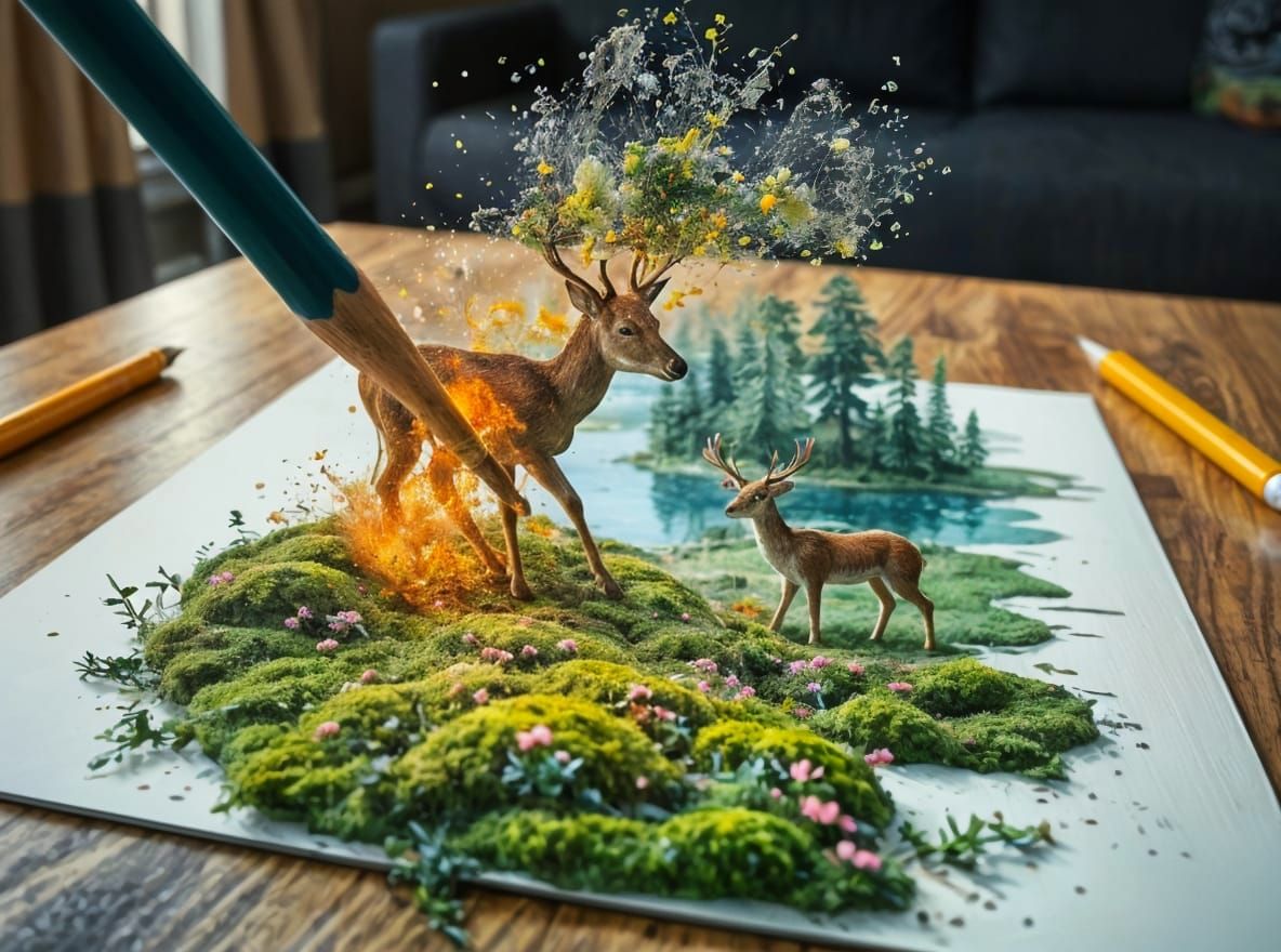 Exploding Pencil Creates Fantasy Deer Scene in 3D Rendering
