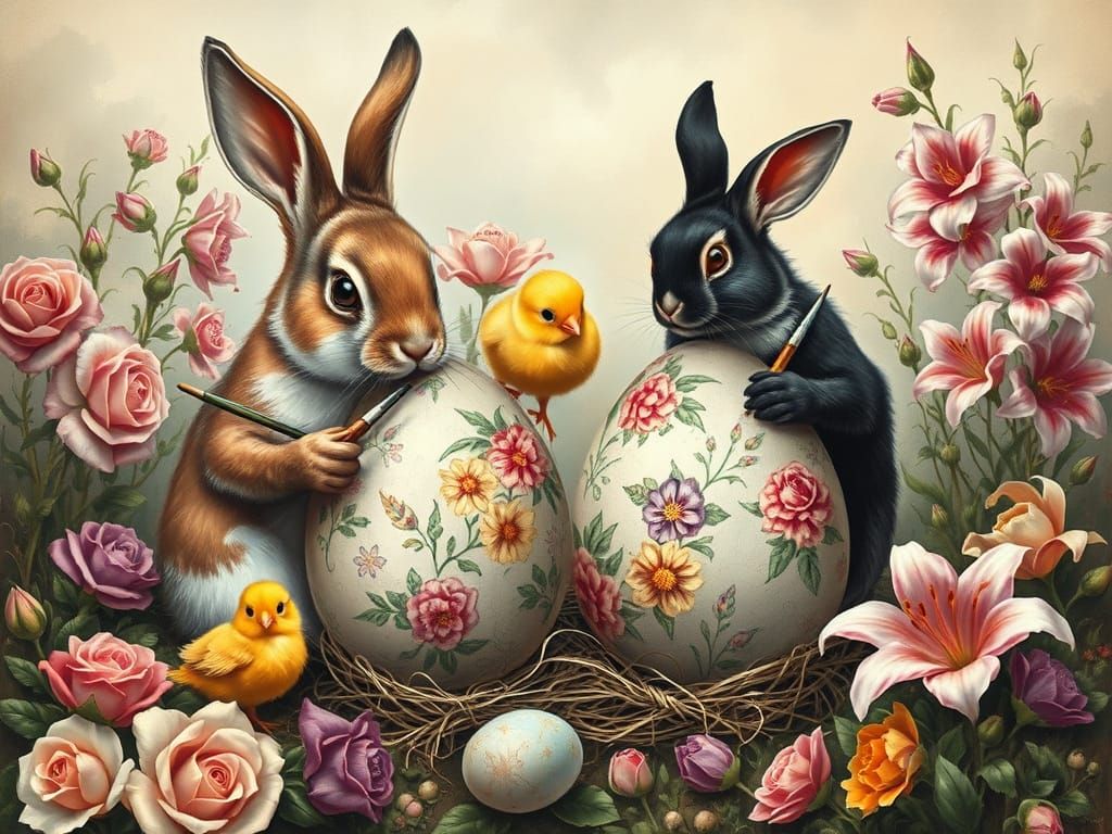 Rabbits and Chicks Painting Easter Eggs