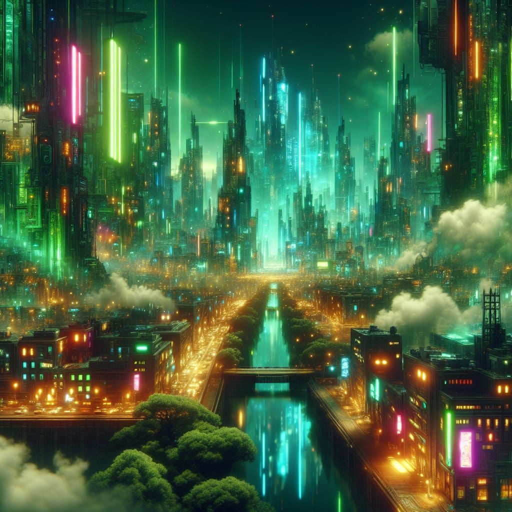 Neon Green Cyberpunk Cityscape in Digital Matte Painting