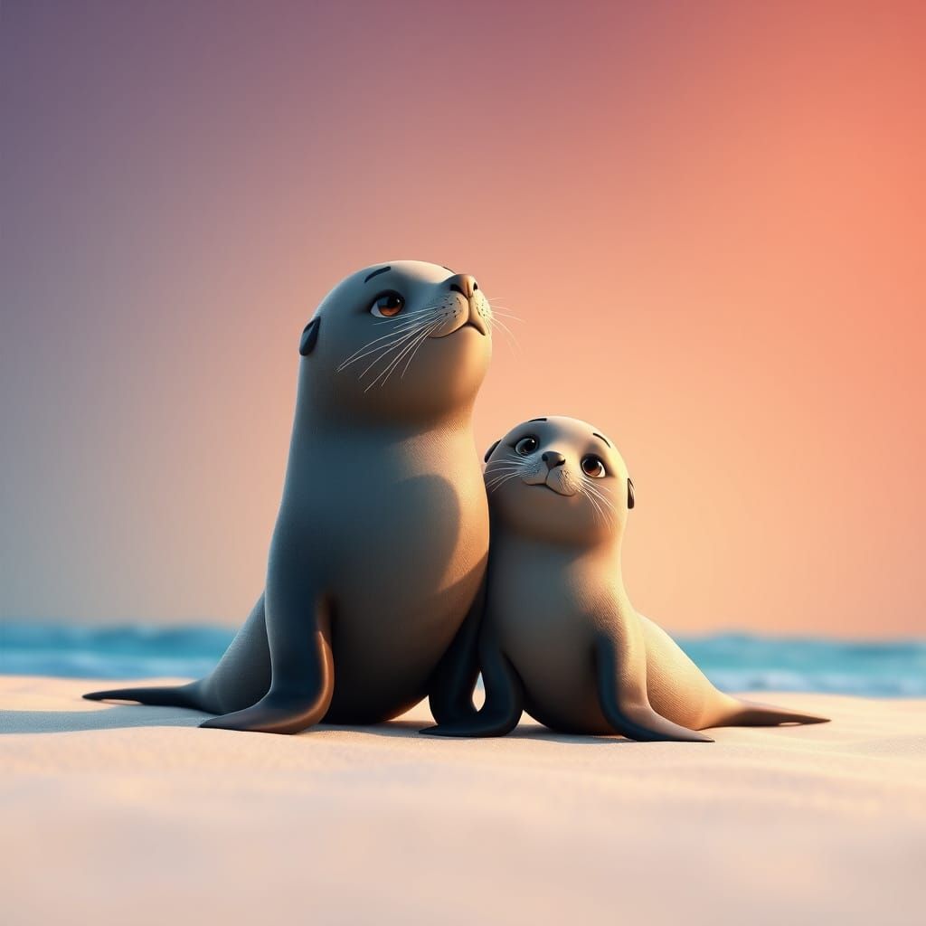 Cute Sea Lion Couple in Vibrant 3D Art