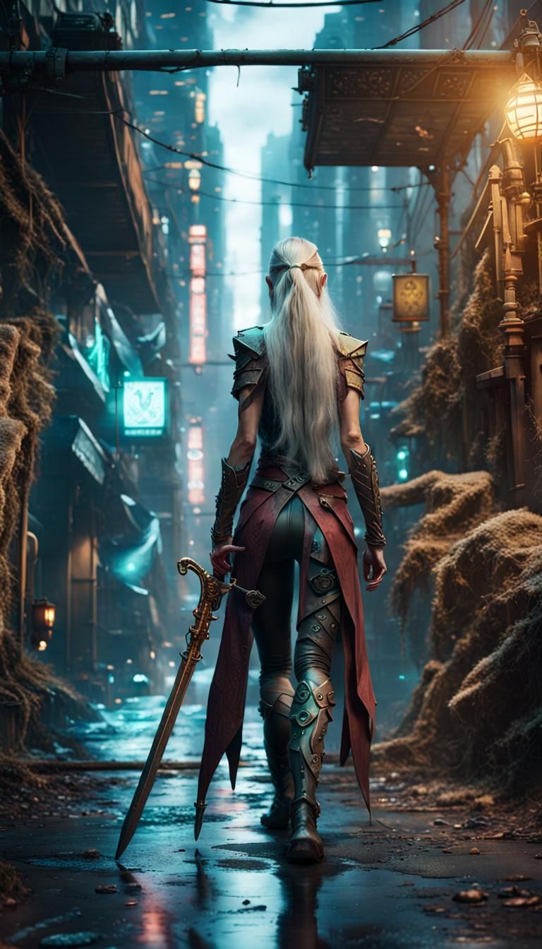 Elven Woman Stalking Creature in Cyberpunk City