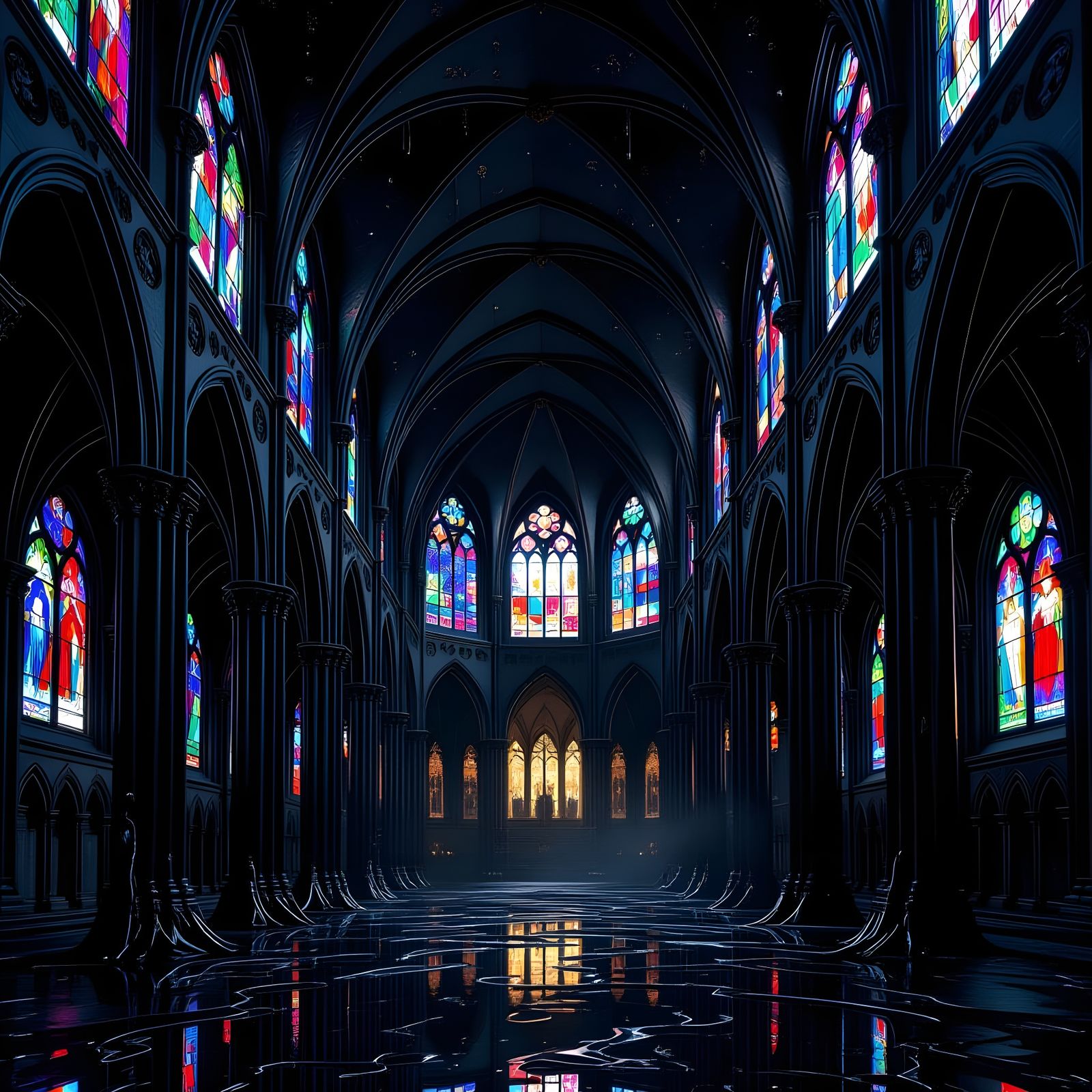 Obsidian Gothic Cathedral Interior in Cosmic Horror Style