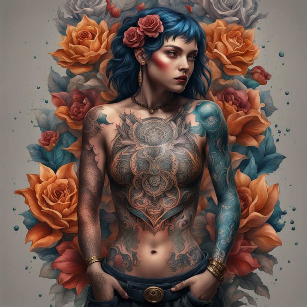 Detailed Tattoo of a Woman's Body in Fantasy Art