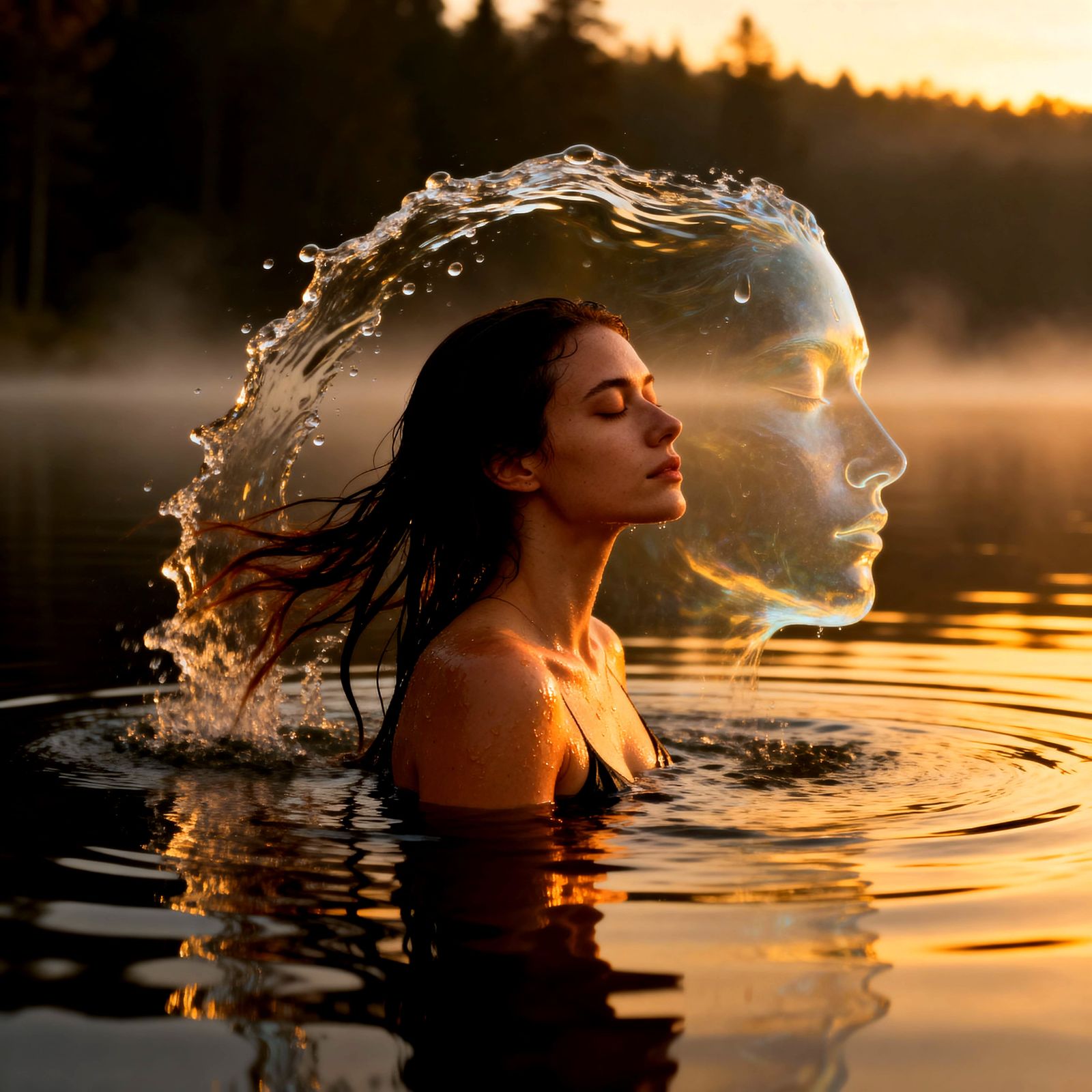 Surreal Golden Hour Lake Portrait with Water Face Splash