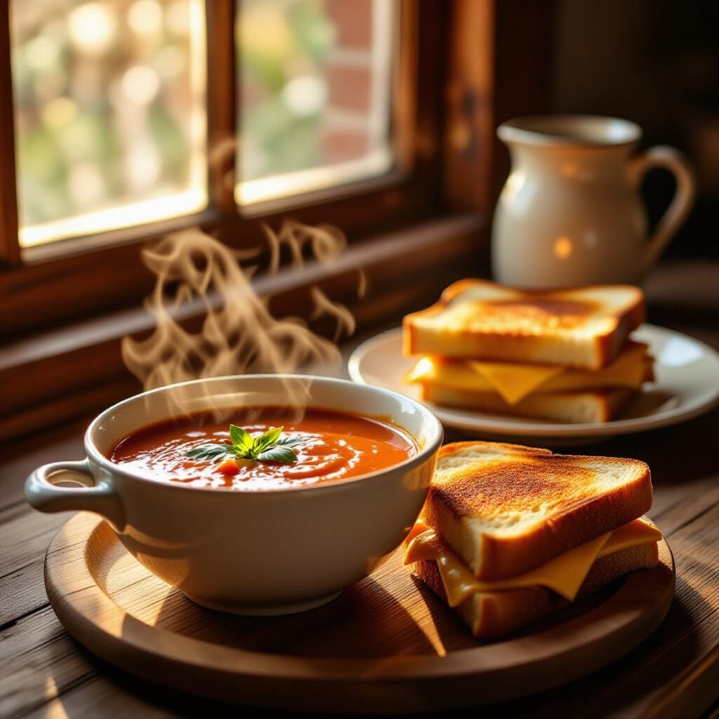 Rustic Tomato Soup and Grilled Cheese on Wooden Table