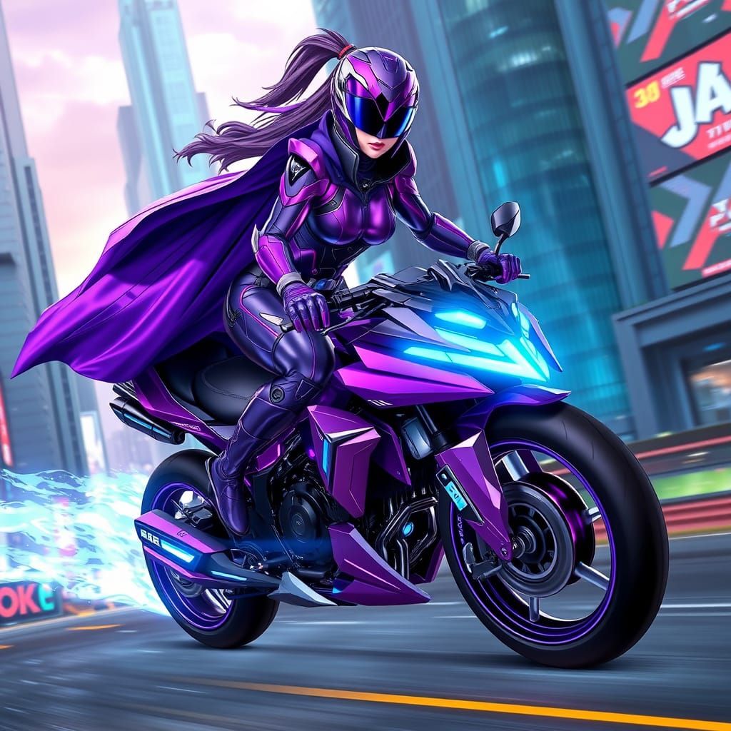 Purple Psycho Ranger Rides Cyberpunk Hoverbike