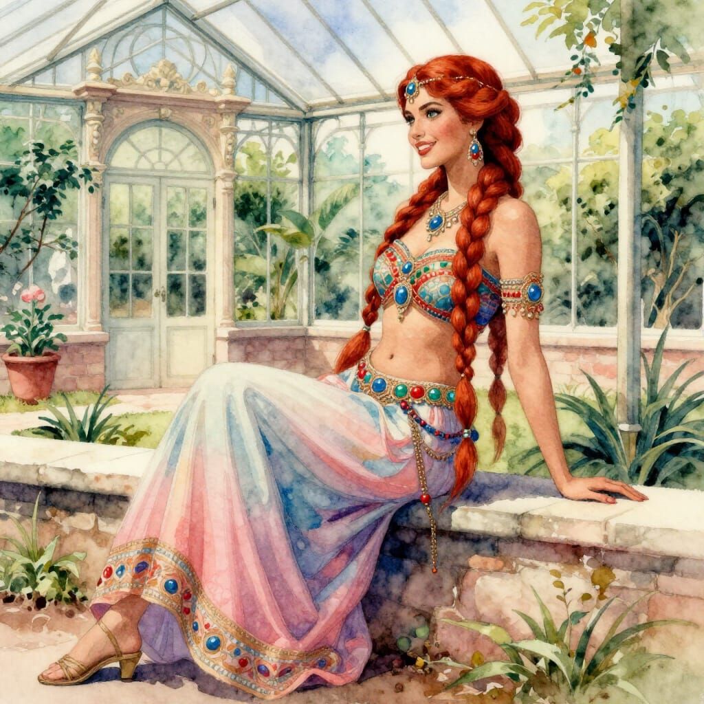 Watercolor Gypsy Princess in Vintage Greenhouse Garden