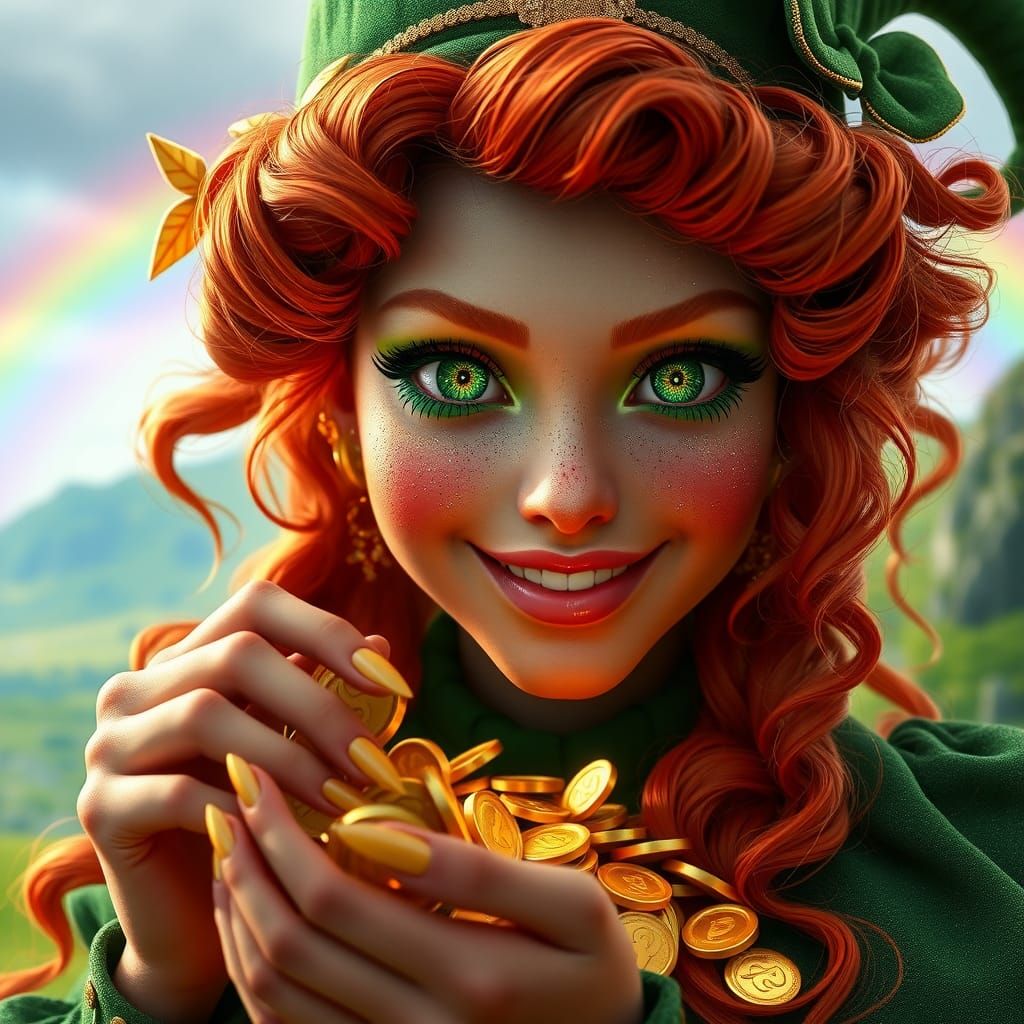Beautiful Leprechaun Counting Gold Coins in 3D