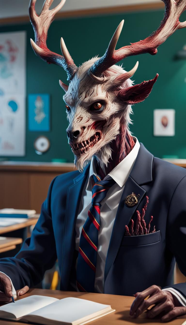 high class photography of a Wendigo with school’s uniform in a classroom Hyperrealistic, splash art, concept art, mid sh...