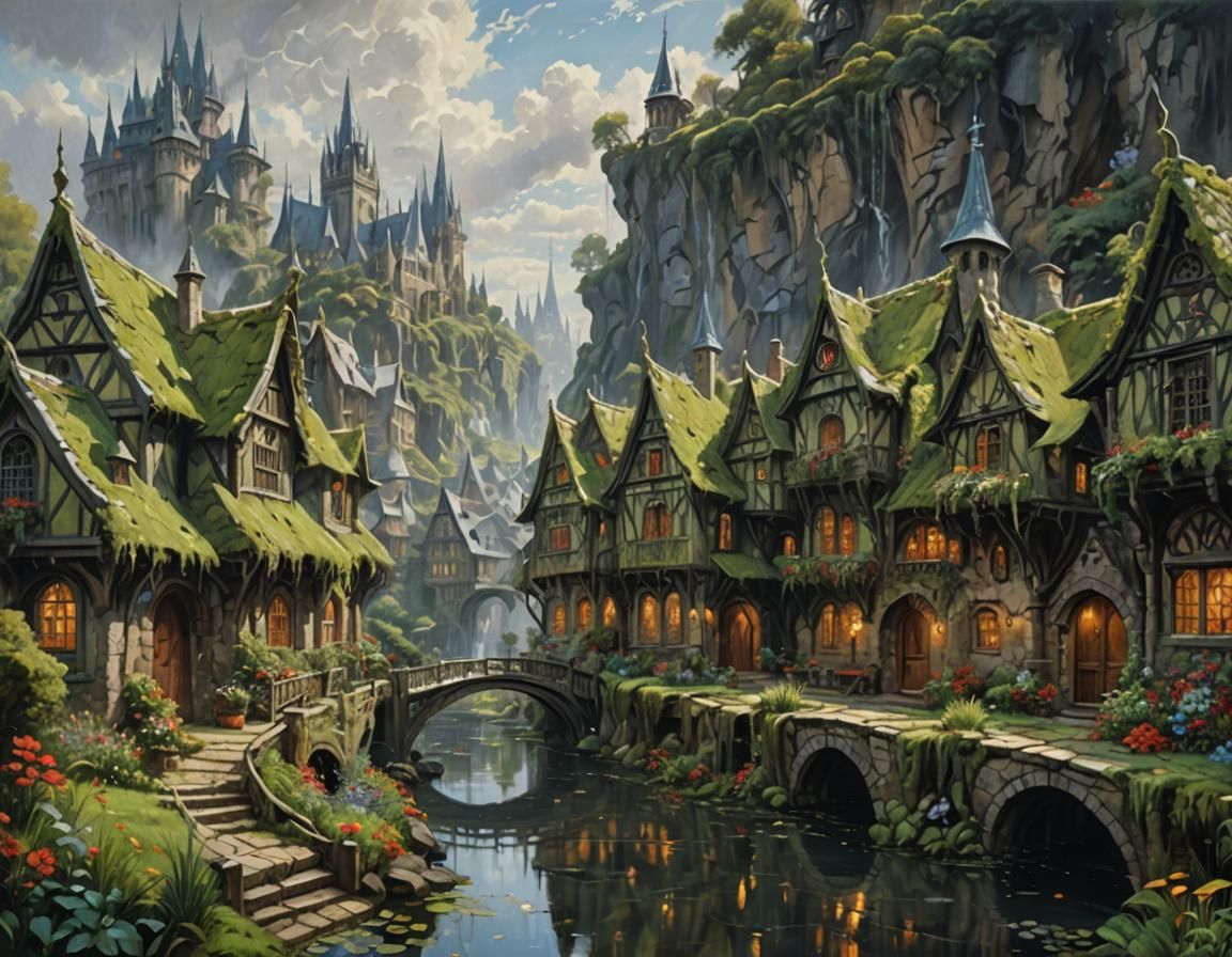 Elven City in Impressionistic Oil Painting Style