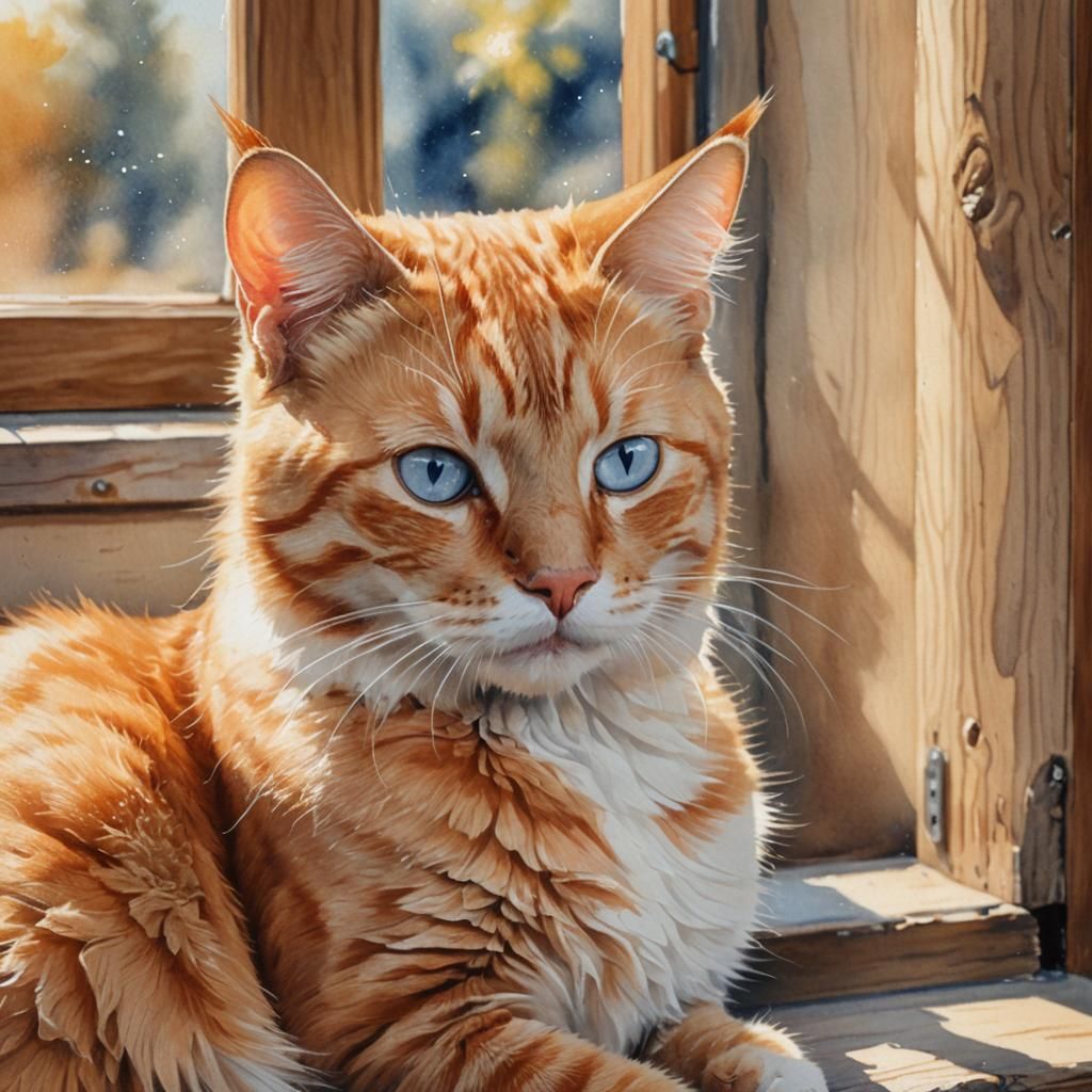 Ginger Cat Portrait in Watercolor Style