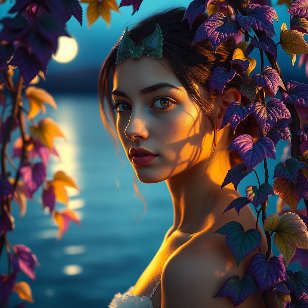 Woman in Moonlight by Lake with Falling Leaves