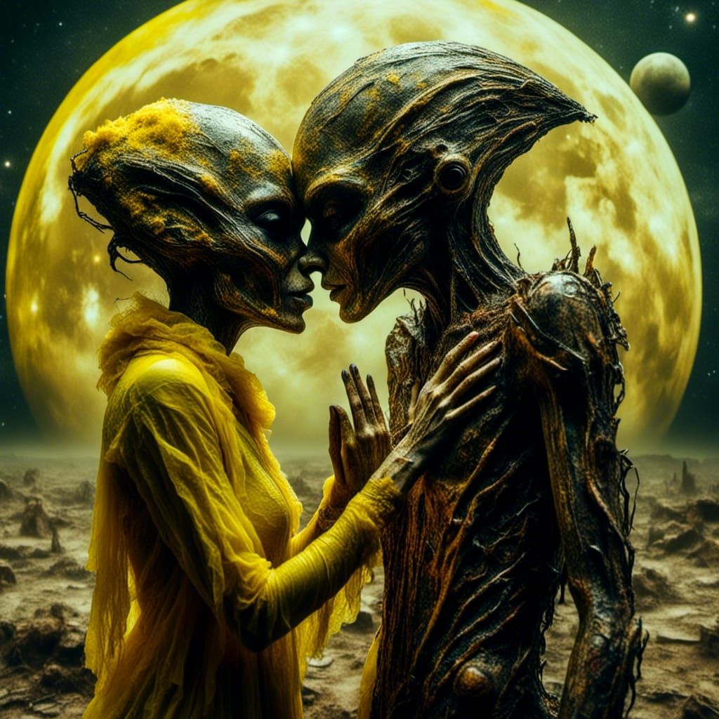 Alien Lovers Embrace on Distant Planet