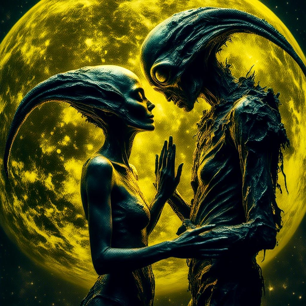 Alien Couple Kissing on a Yellow Planet