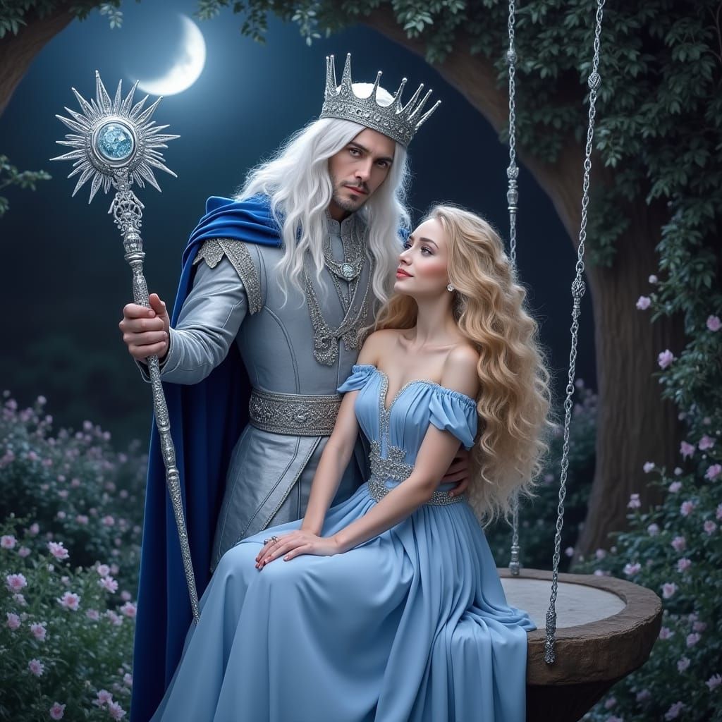 Silver King and Blonde Woman in Moonlit Garden