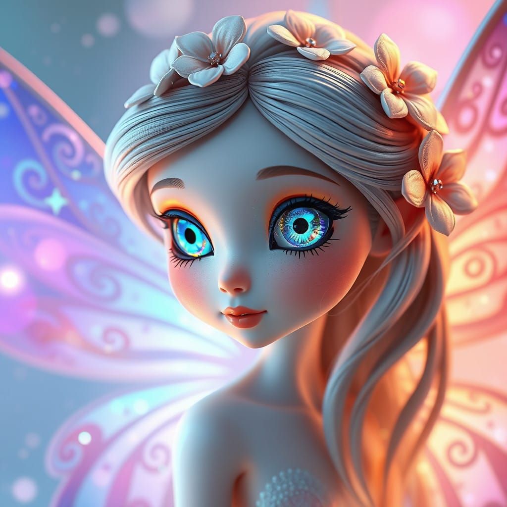 Whimsical Fairy Goddess with Shimmering Opalescent Skin and...
