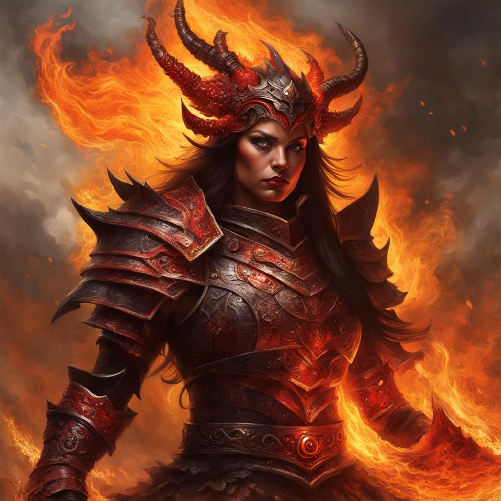 Fiery Demonic Warrior Woman: Sinister Fantasy Art