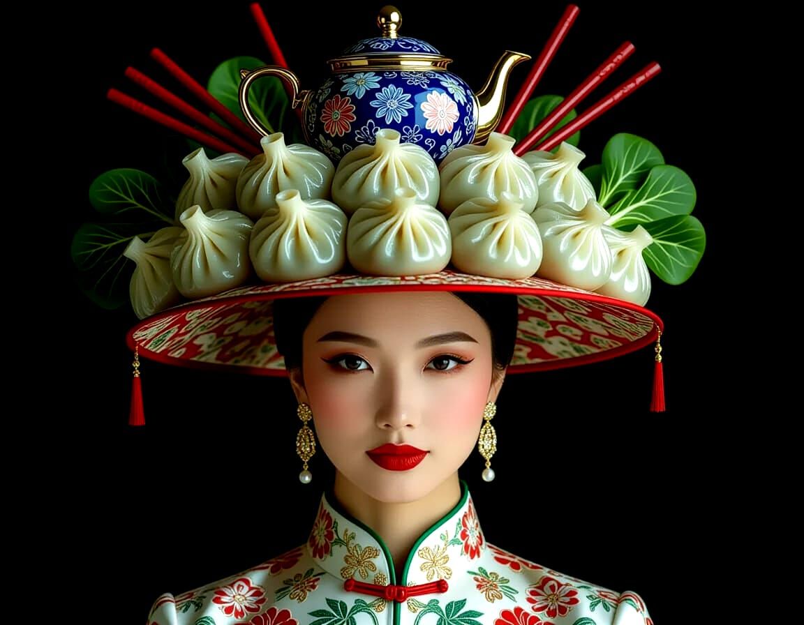 High Fashion Model Wears Dim Sum Hat