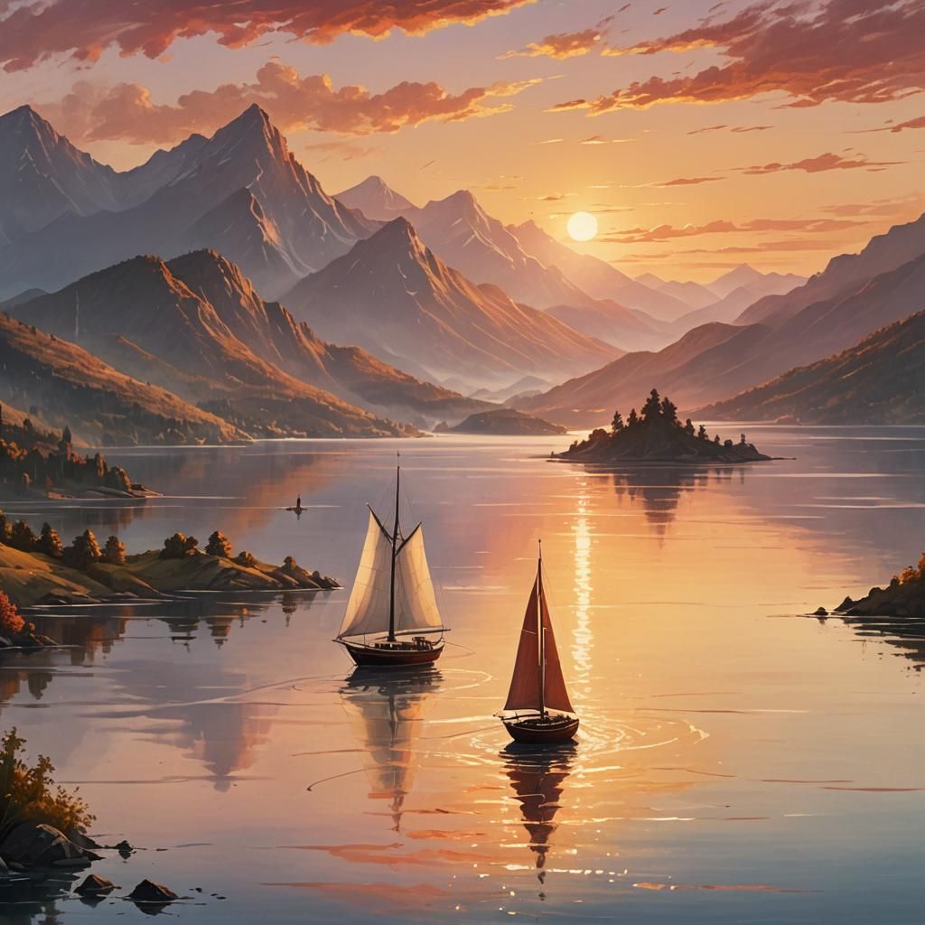 Cinematic Sunset on a Tranquil Bay in Fantasy Style