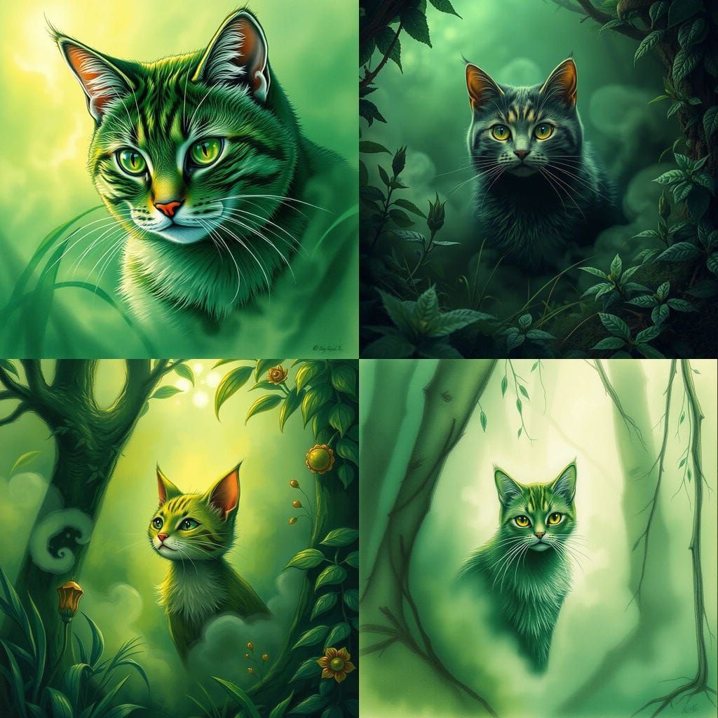 Green Cat in Mist: A Captivating Color Pencil Sketch