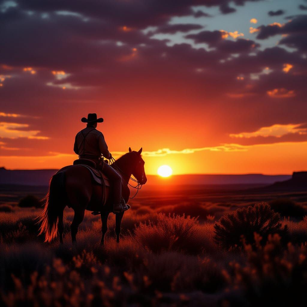 Lone Cowboy Silhouetted Against Old West Sunset