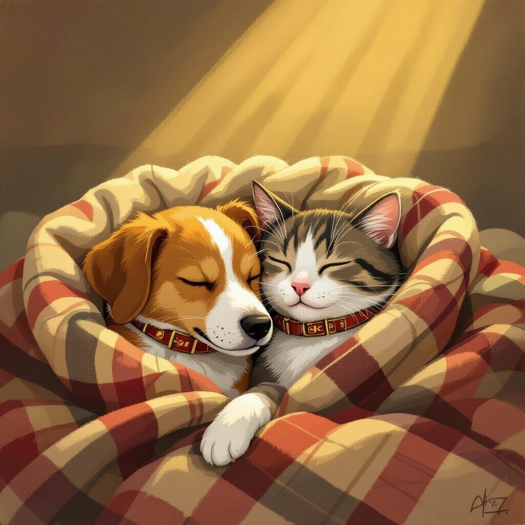 Dog and Cat Napping in Matte Style