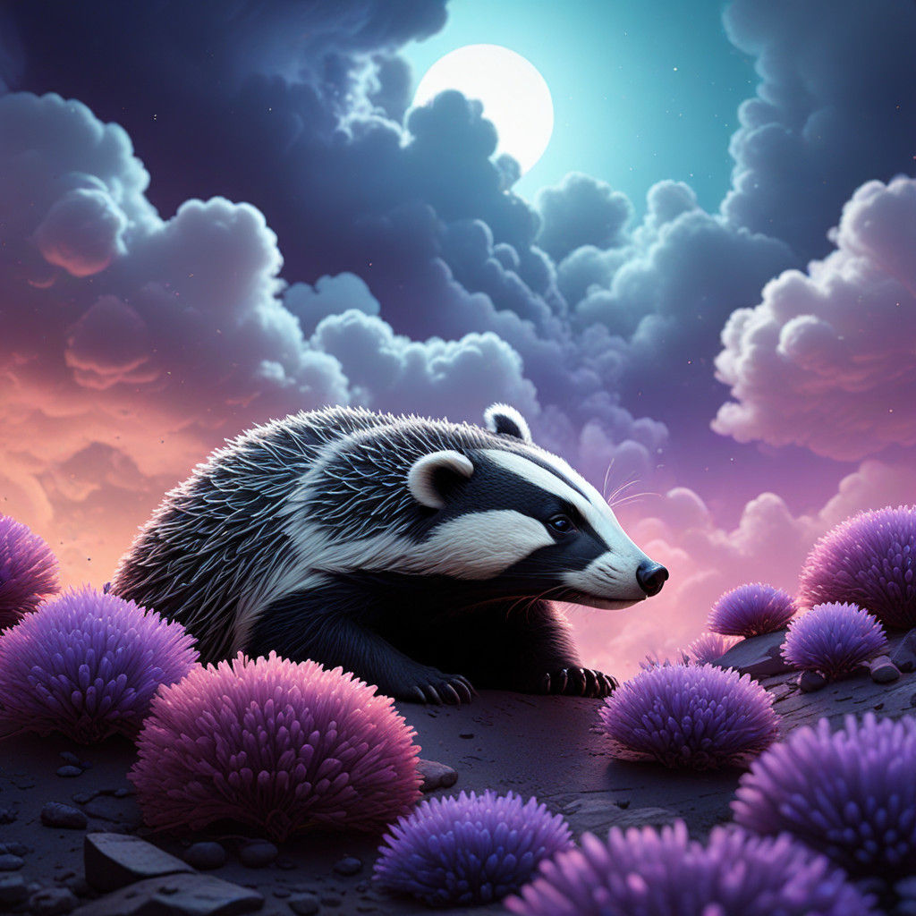 Serene Cloud Badger in Dreamlike Pixar Landscape