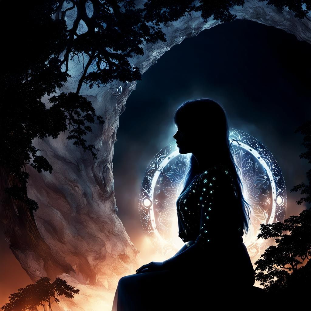 Mysterious Girl by Time Portal in Misty Forest