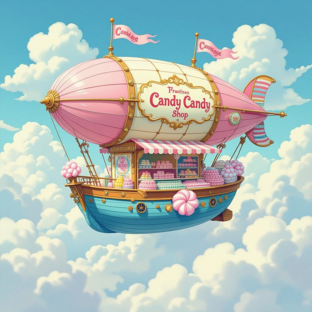 Airship Cotton Candy Shop in Gouache Style