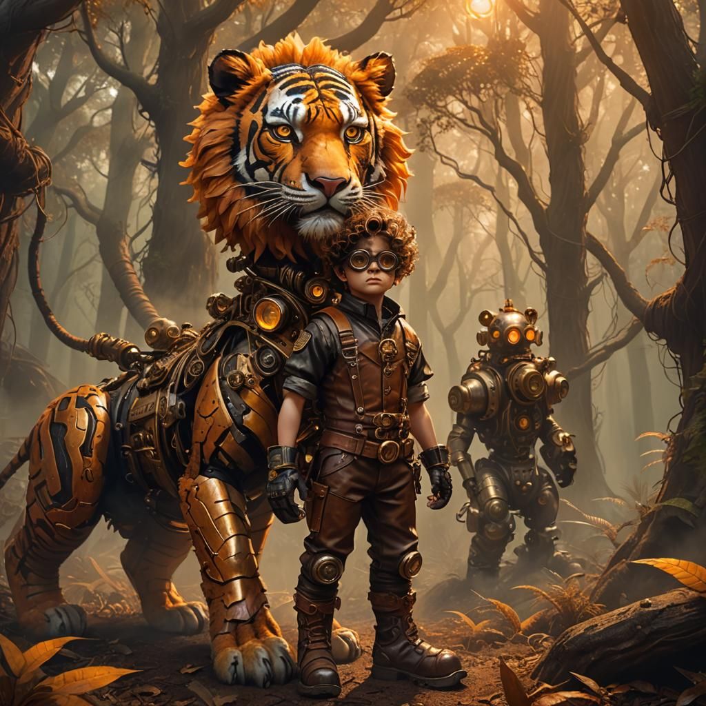 Boy Rides Mechanical Tiger Through Steampunk Forest