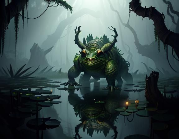 Menacing Bullywug Lurking in Murky Swamp: 3D Game Cinematic