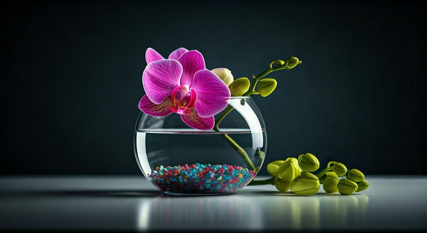 Glass Vase Still Life with Orchids, Photorealistic Image
