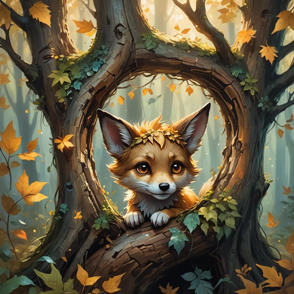 Pixie with Wolf Ears in Misty Forest, Oil Painting