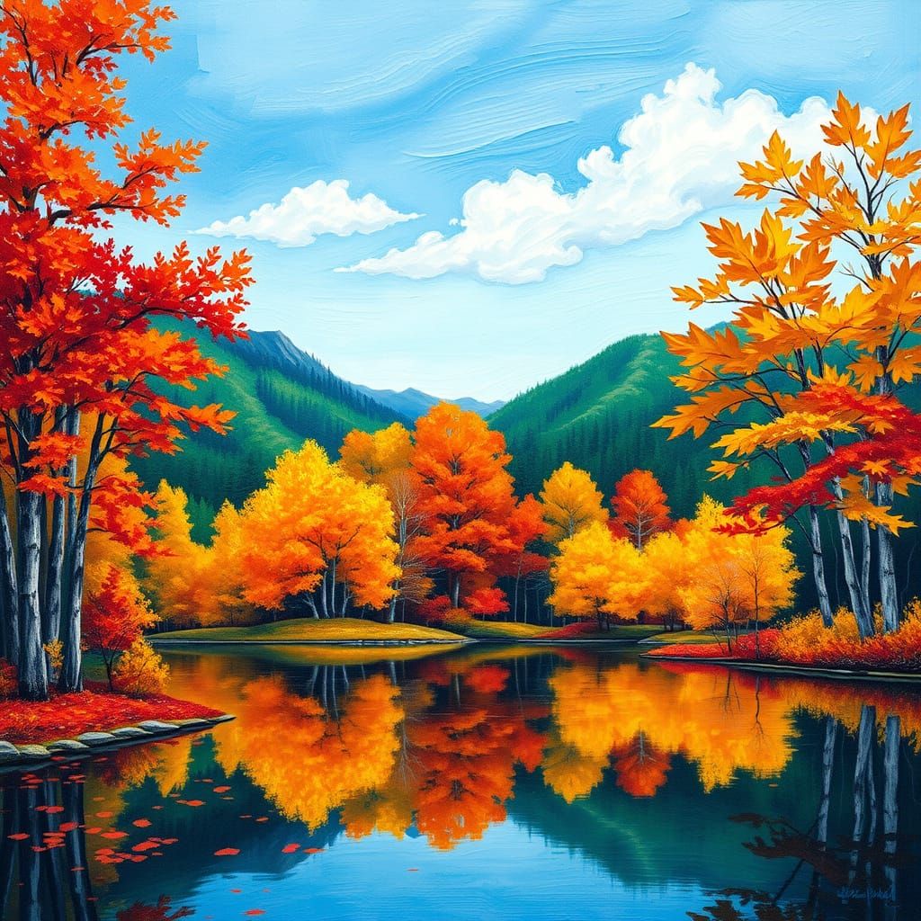 Impasto Autumn Landscape: Serene Lake and Vibrant Trees