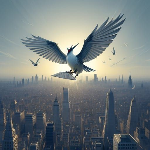 Intricate Paper Cityscape with Origami Bird