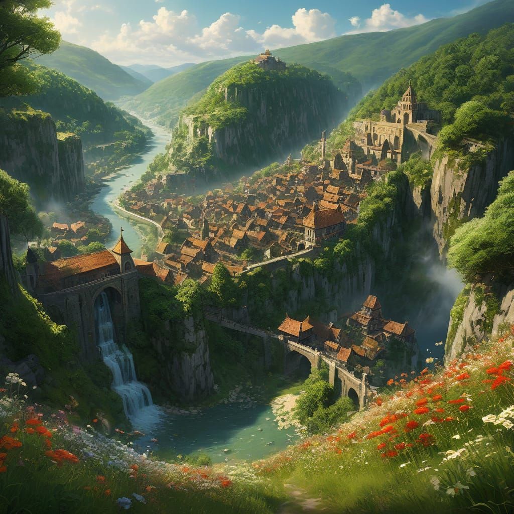 Ancient City on Hill with River, Impressionist Concept Art