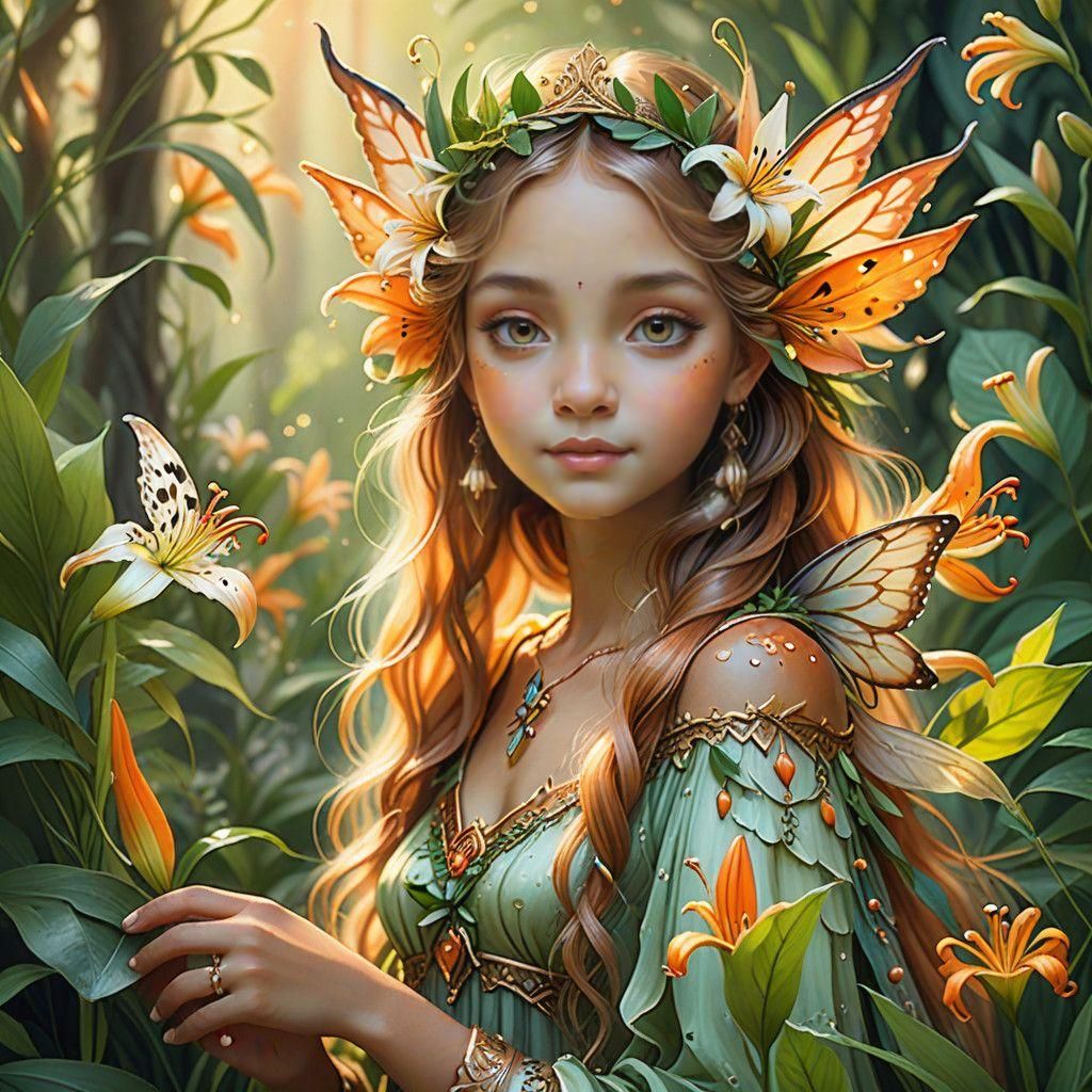 Mystical Tiger Lily Fairy in Whimsical Watercolor Style