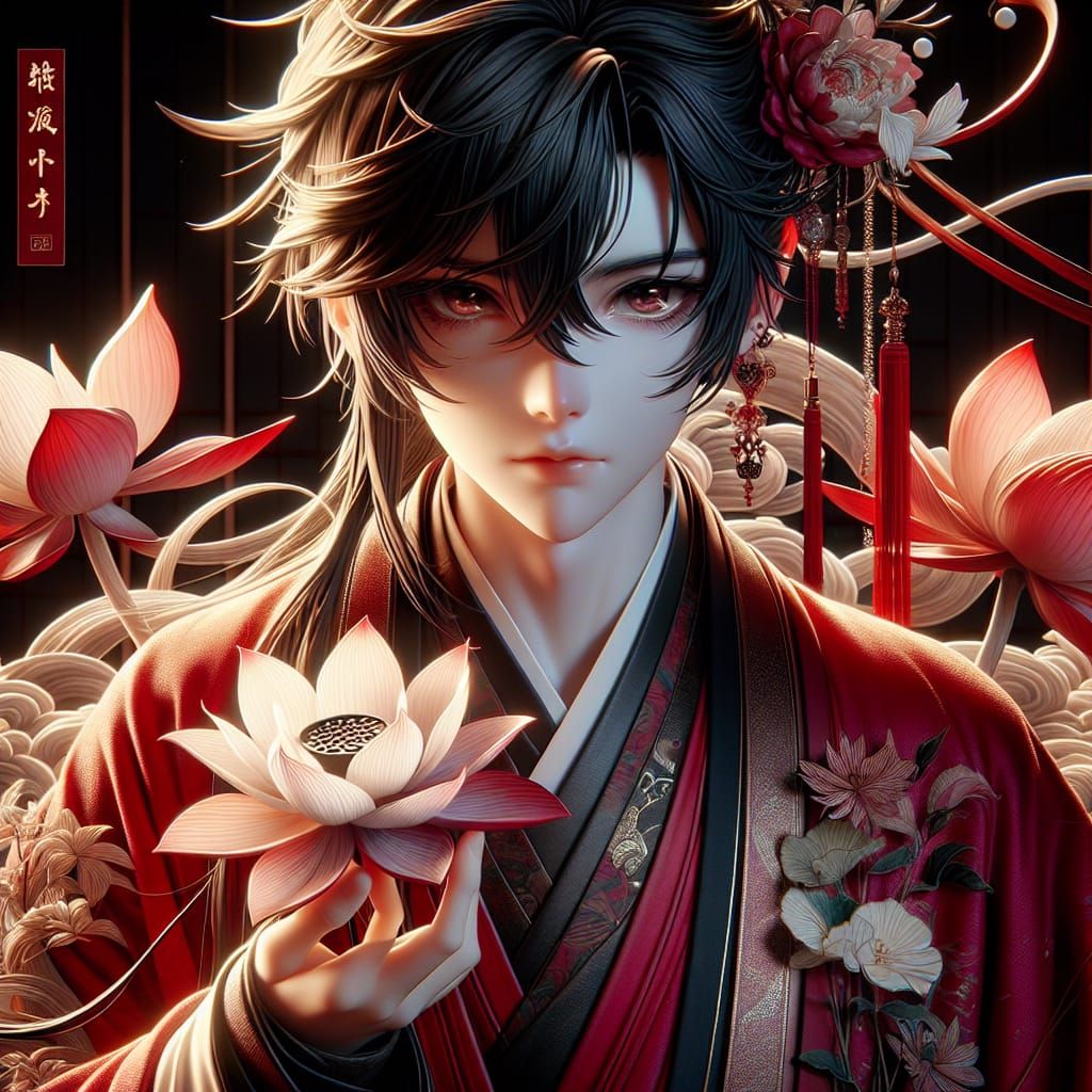 Chinese-Inspired Anime Art: Boy with Lotus Flower