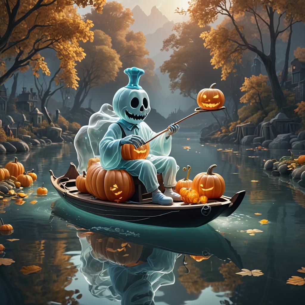 Ghost Doctor on Glass Pumpkin Boat: Pixar-Style 3D Art