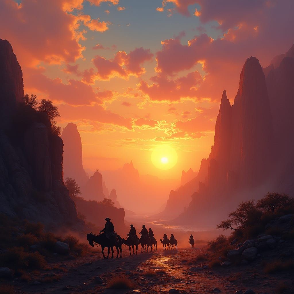 Vibrant Sunset Over Ancient Silk Road Caravans