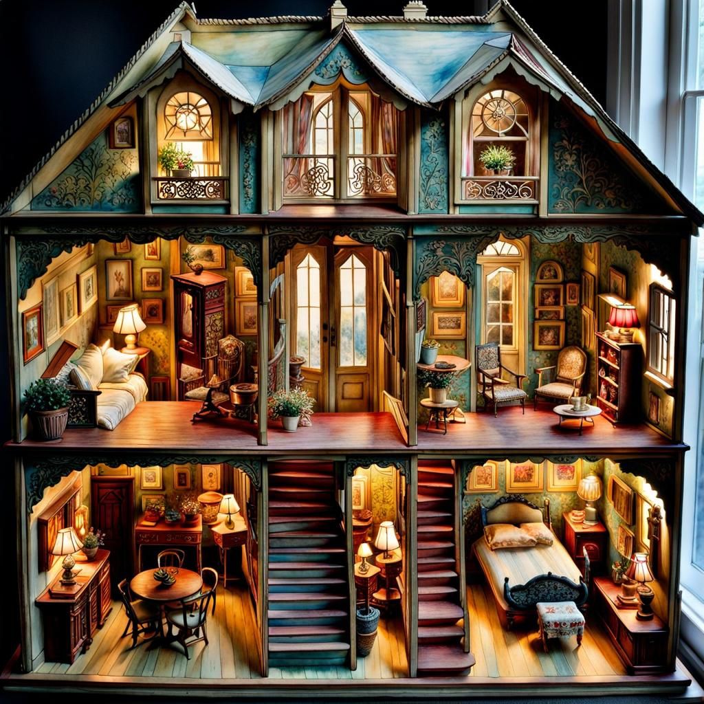 Glowing Antique Dollhouse Watercolor Art
