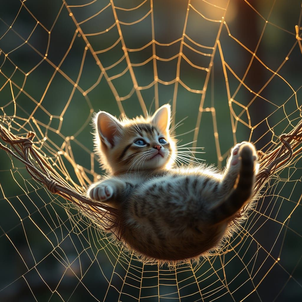 Kitten in Spiderweb Hammock at Golden Hour