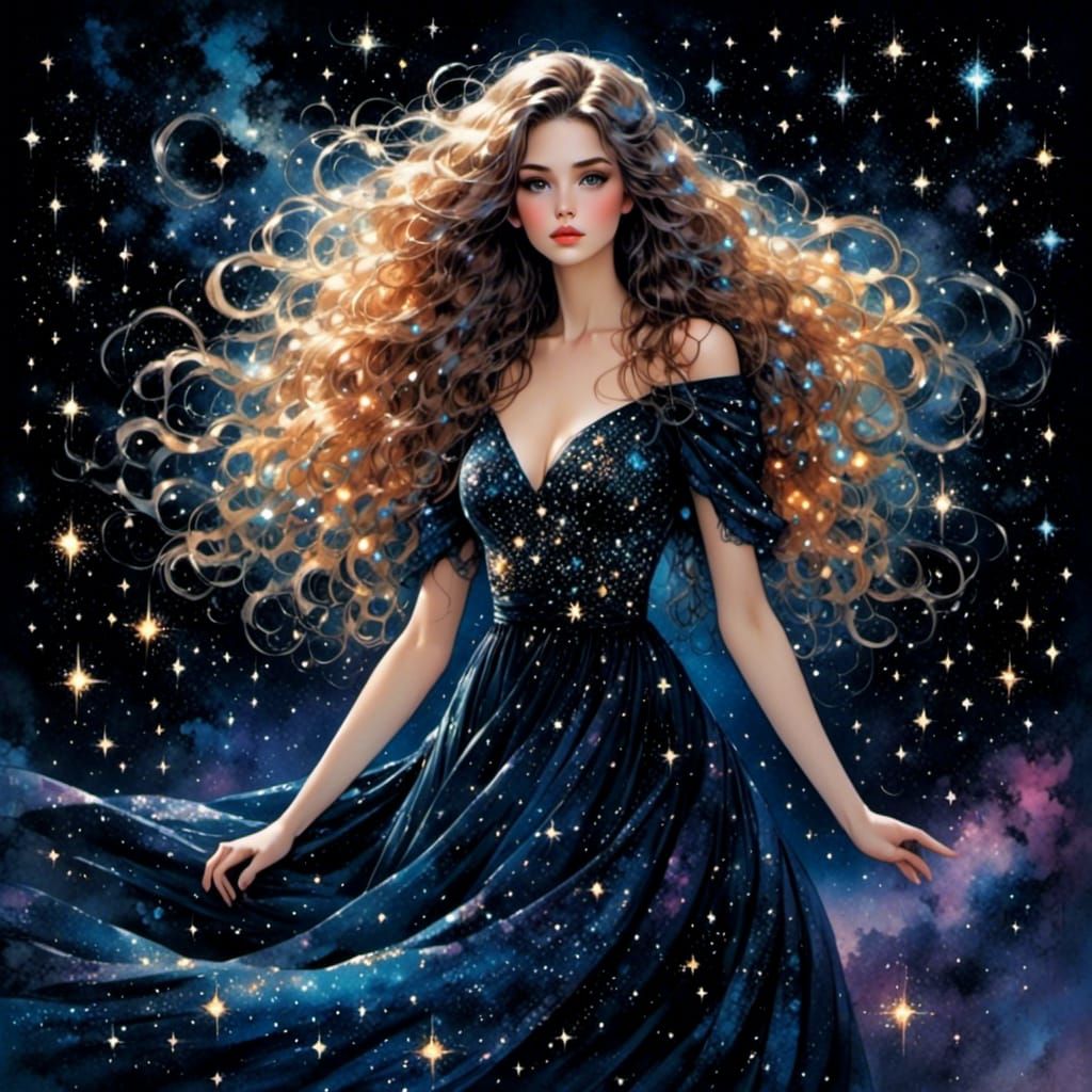 Ethereal Woman with Cosmic Star Hair in Fantasy Art
