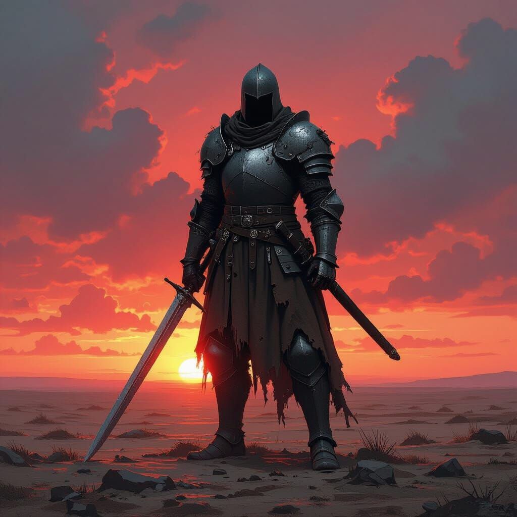 Knight Silhouetted Against a Blood-Red Sunset