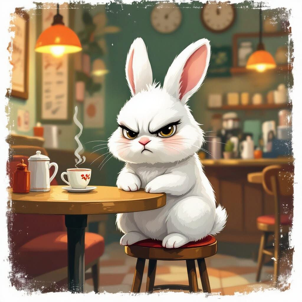 Grumpy Bunny Gives Wise Advice in Bustling Cafe