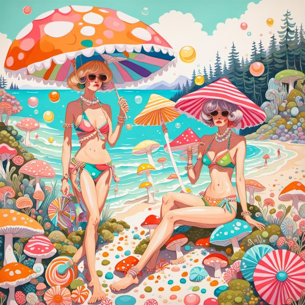 Girls in Bikinis on Beach with 70s Flair